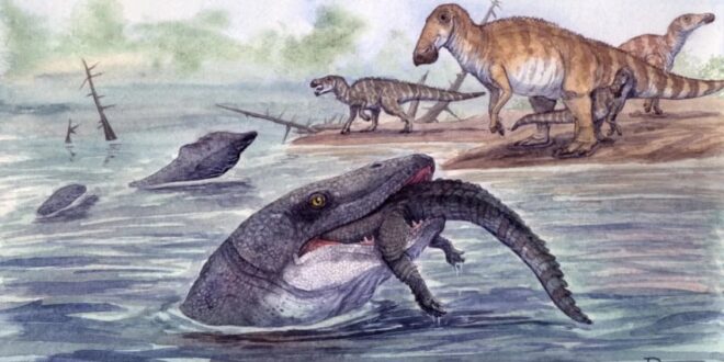 mosasaurus dinosaurus yang mencari mangsa di sungai dan laut index