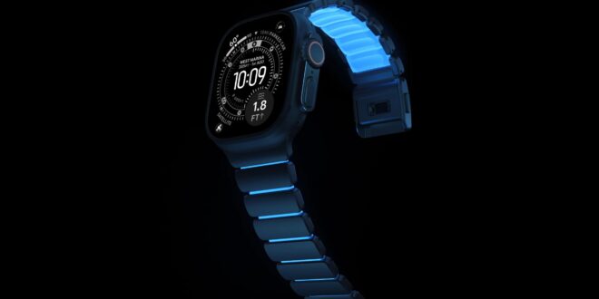 nomad launches hybrid titanium apple watch band in new icy blue glow color index